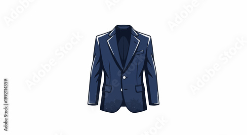 A simple, textured illustration of a dark blue, tailored blazer with white piping and two buttons