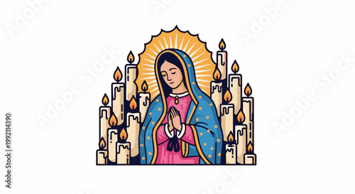 A religious illustration of a woman in prayer surrounded by glowing candles under a radiant halo