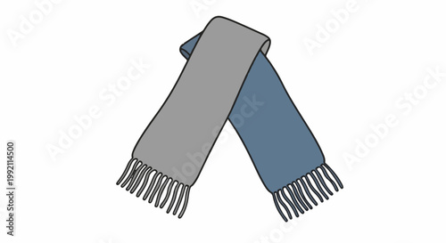 A simple cartoon illustration of a knitted scarf, with tasseled ends, in grey and blue