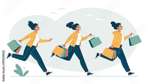 Happy woman running with shopping bags, excited girl shopping, sale and discount concept, flat vector illustration