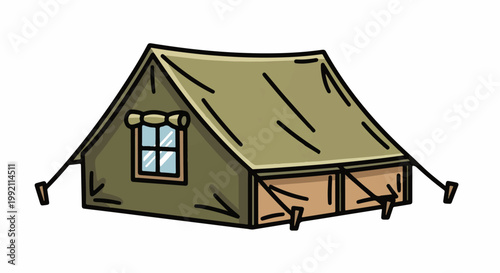 A simple cartoon illustration of a green camping tent with a window and wooden doors