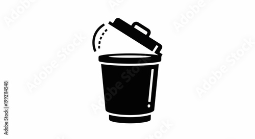 A simple black icon of a trash can with its lid partially open