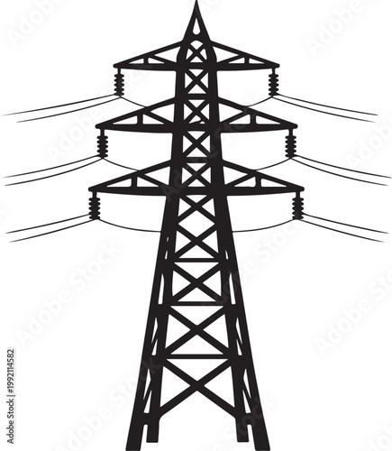 Electricity Transmission Tower with Power Lines on White Background