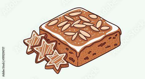A square-shaped baked treat with white icing and nuts on top sits beside star-shaped cookies