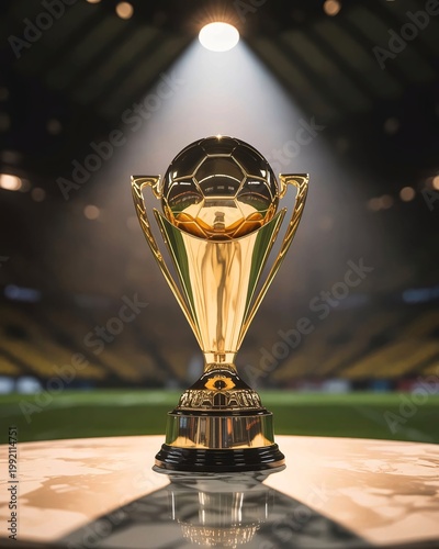 A shiny gold trophy sits on a table in a stadium with a soccer ball on top under a spotlight.
