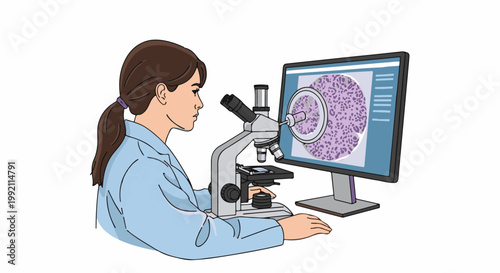 A scientist examines a microscopic image on a computer screen via a microscope