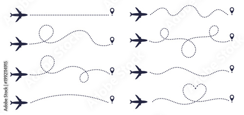 Vector collection of air travel routes featuring airplanes, destination markers, and diverse dash-dot connecting lines representing flight paths. Perfect for travel booking apps, logistics diagrams