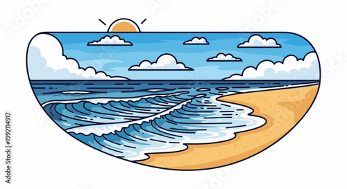 A stylized depiction of ocean waves crashing onto a sandy beach under a partly cloudy sky with a small sun