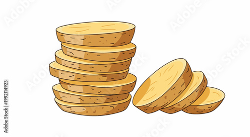 A pile and a few slices of cartoon potatoes