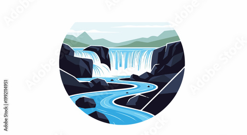 A picturesque waterfall cascades over dark rocks, feeding a winding blue river through a mountainous landscape