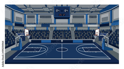 Modern indoor basketball court with blue flooring and seating area for spectators and players