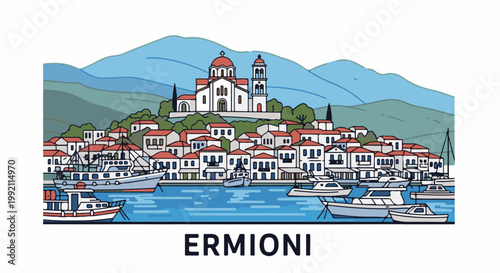 A picturesque seaside village with a prominent church and boats docked in a blue harbor
