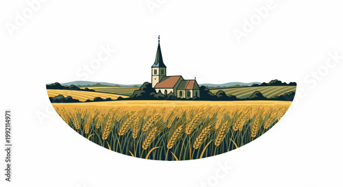 A picturesque village church stands tall amidst golden wheat fields under rolling hills