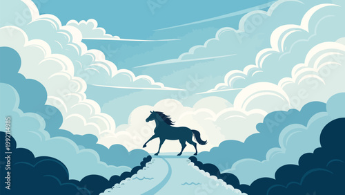 A majestic silhouette of a horse standing on a path amidst fluffy clouds in a serene blue sky landscape illustration