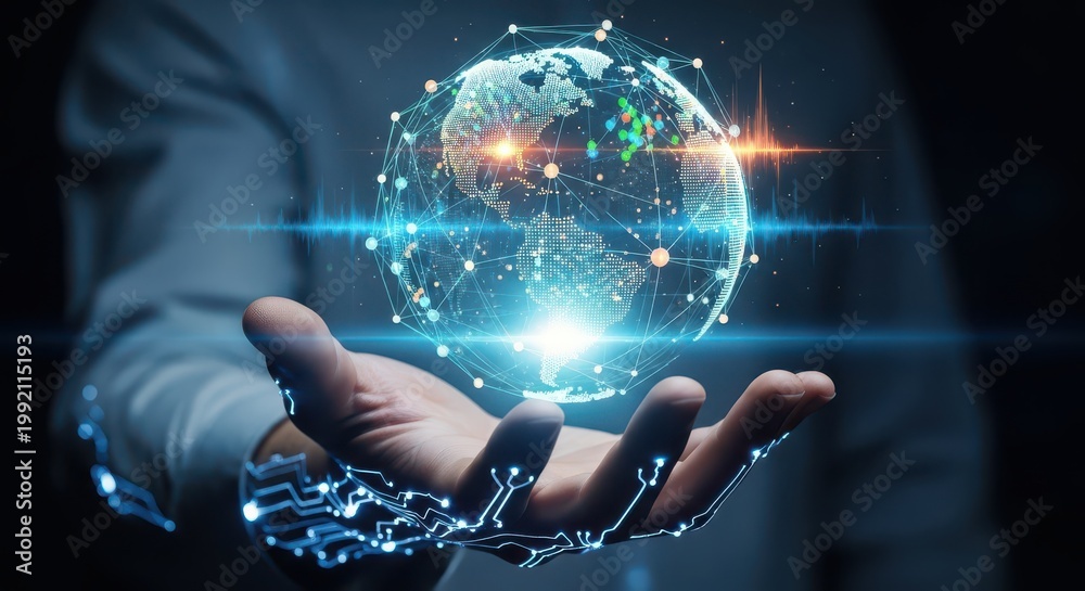 Fototapeta premium Digital hologram of the earth floats above a person's open palm to represent global connectivity and innovation.