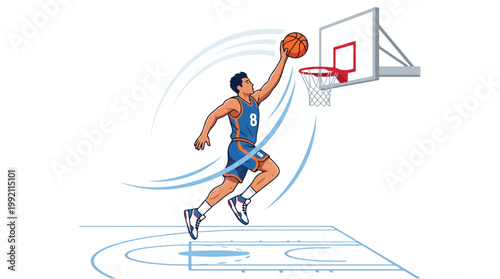 Dynamic basketball player in blue uniform jumping towards hoop for a slam dunk during game action