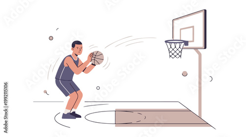 Young man practicing basketball shot on indoor court with hoop and backboard for sports training