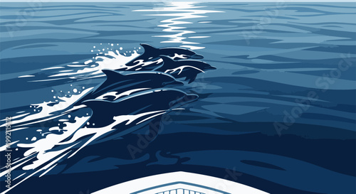 A pod of dolphins gracefully leaps through sun-dappled ocean waves, leaving white foam