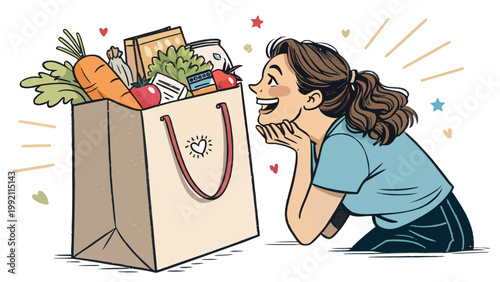 Happy young woman looking at a paper grocery bag full of fresh vegetables and food items