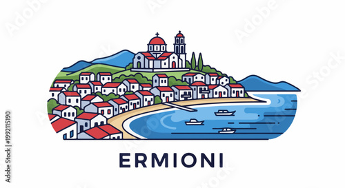 A picturesque coastal village with white buildings and red roofs sits on a green hill overlooking the blue sea and boats