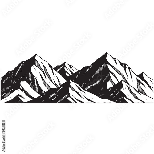 Monochrome vector illustration of a rugged mountain range, perfect for outdoor adventure and nature-themed designs