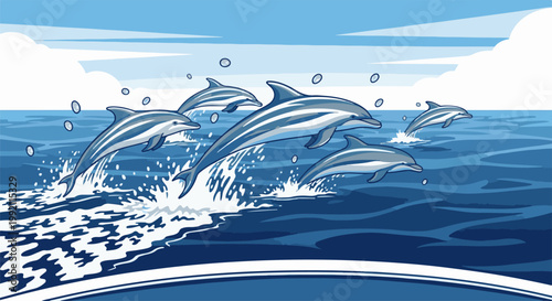 A pod of dolphins leaps playfully through the ocean waves under a cloudy sky