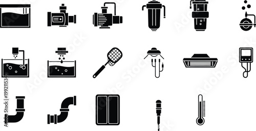 Set of various black and white icons for aquarium and pool maintenance equipment and tools