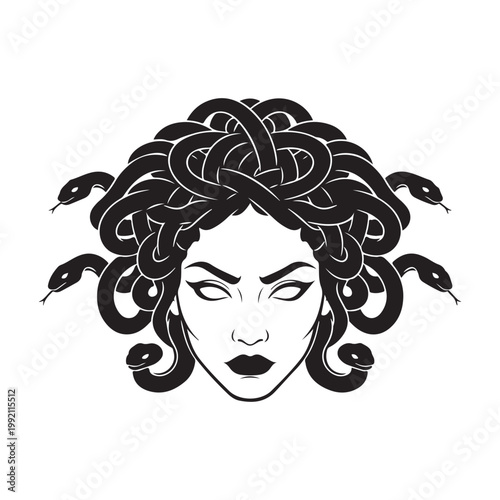 Fierce Medusa Head Vector Illustration with Snakes for Hair, Ancient Greek Mythology Symbol