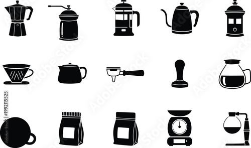 Set of coffee brewing equipment icons including moka pot, grinder, french press, kettle, and more