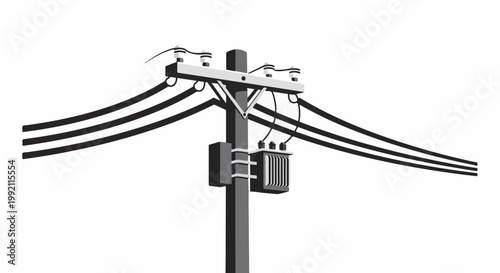 A pole with a transformer and power lines against a white background