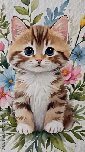 Watercolor illustration of a cute kitten surrounded by colorful flowers, artist's hand holding a pencil, showcasing detailed artwork progression in a creative workspace