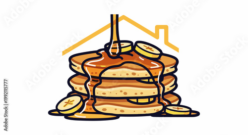 A stack of fluffy pancakes with banana slices and syrup, under a yellow roof outline