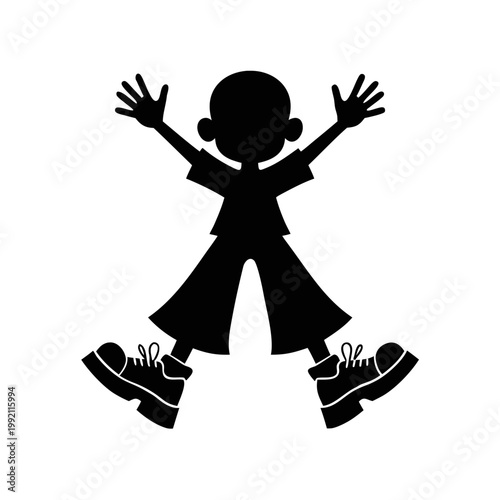 Black silhouette child jumping, playful kid icon, happy childhood symbol, vector illustration