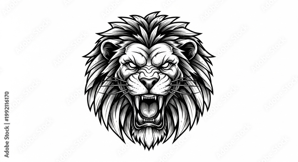 Obraz premium Fierce Lion Head Roaring with Open Mouth Detailed Illustration.