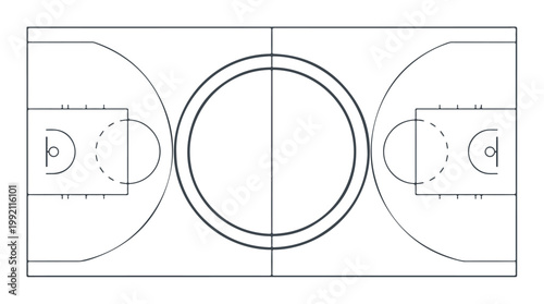 Empty basketball court with a central hoop and surrounding court lines for sports gameplay and training