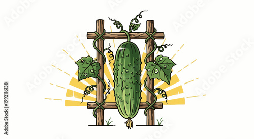 A ripe, bumpy cucumber hangs from a wooden trellis, with green leaves and sunburst