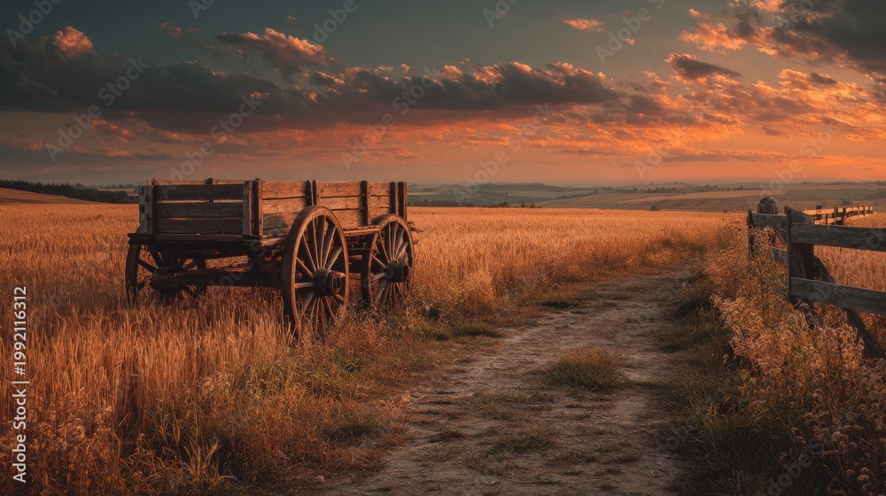 Fototapeta premium Rustic wooden wagon in a golden wheat field at sunset