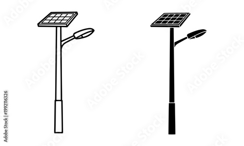 Solar Smart Streetlight Icons in Outline and Solid Black Vector