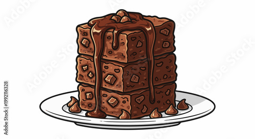 A stack of rich chocolate brownies, drizzled with glossy sauce and adorned with chocolate chips, rests on a white plate