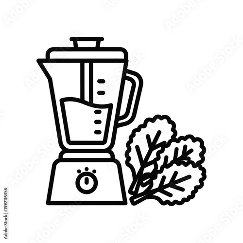 Blender with fresh leafy greens inside line art icon representing healthy smoothies and nutrition for fitness apps healthy lifestyle blogs or culinary design materials in clean vector style