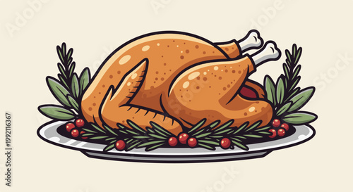 A roasted bird on a platter, garnished with rosemary and berries