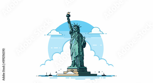 A pixelated depiction of a monumental statue holding a torch and book, with clouds and a stylized arch