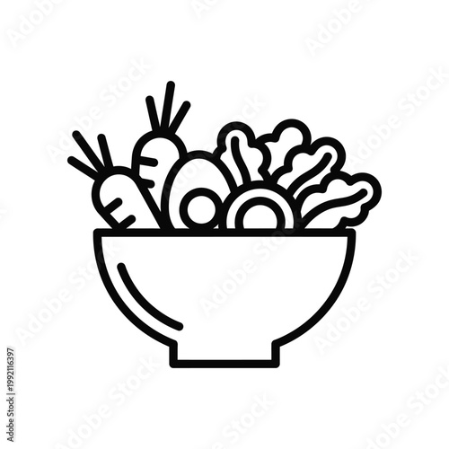 Bowl filled with fresh garden vegetables line art icon representing healthy eating and balanced nutrition for culinary websites recipe blogs or nutrition apps in clean minimalist vector style