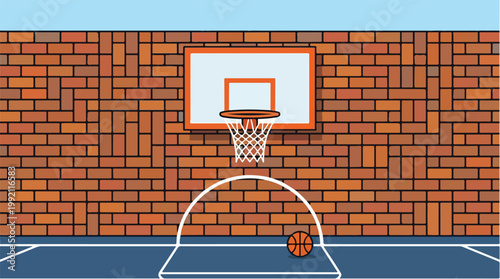 Indoor basketball hoop mounted on a brick wall with a blue and orange court for recreational sports and exercise