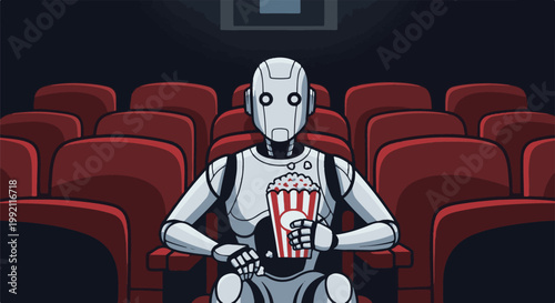 A robot enjoys popcorn while watching a movie in a theater