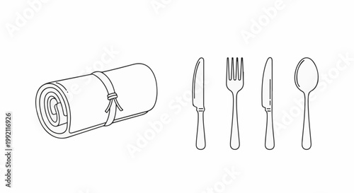 A rolled mat secured by a tie, next to individual cutlery knife, fork, knife, spoon
