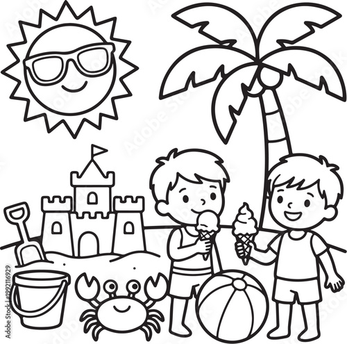 Cute Summer Beach Vacation Coloring Page Illustration for Kids