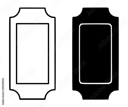 Ticket minimalist icon, in outline and silhouette design, isolated on transparent background