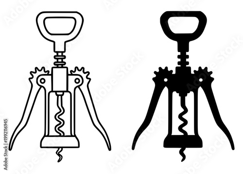Corkscrew minimalist icon, in outline and silhouette design, isolated on transparent background