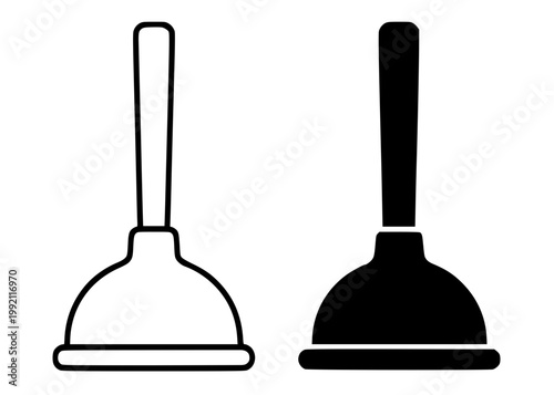 Plunger minimalist icon, in outline and silhouette design, isolated on transparent background